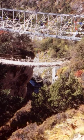 Suspension bridges over a river gorge.